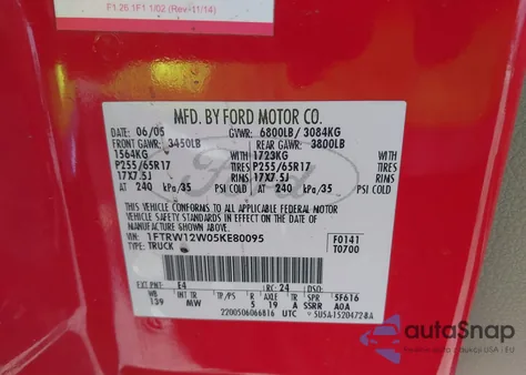 2005 Ford F-150 Xlt from USA, damaged, VIN 1FTRW12W05KE80095